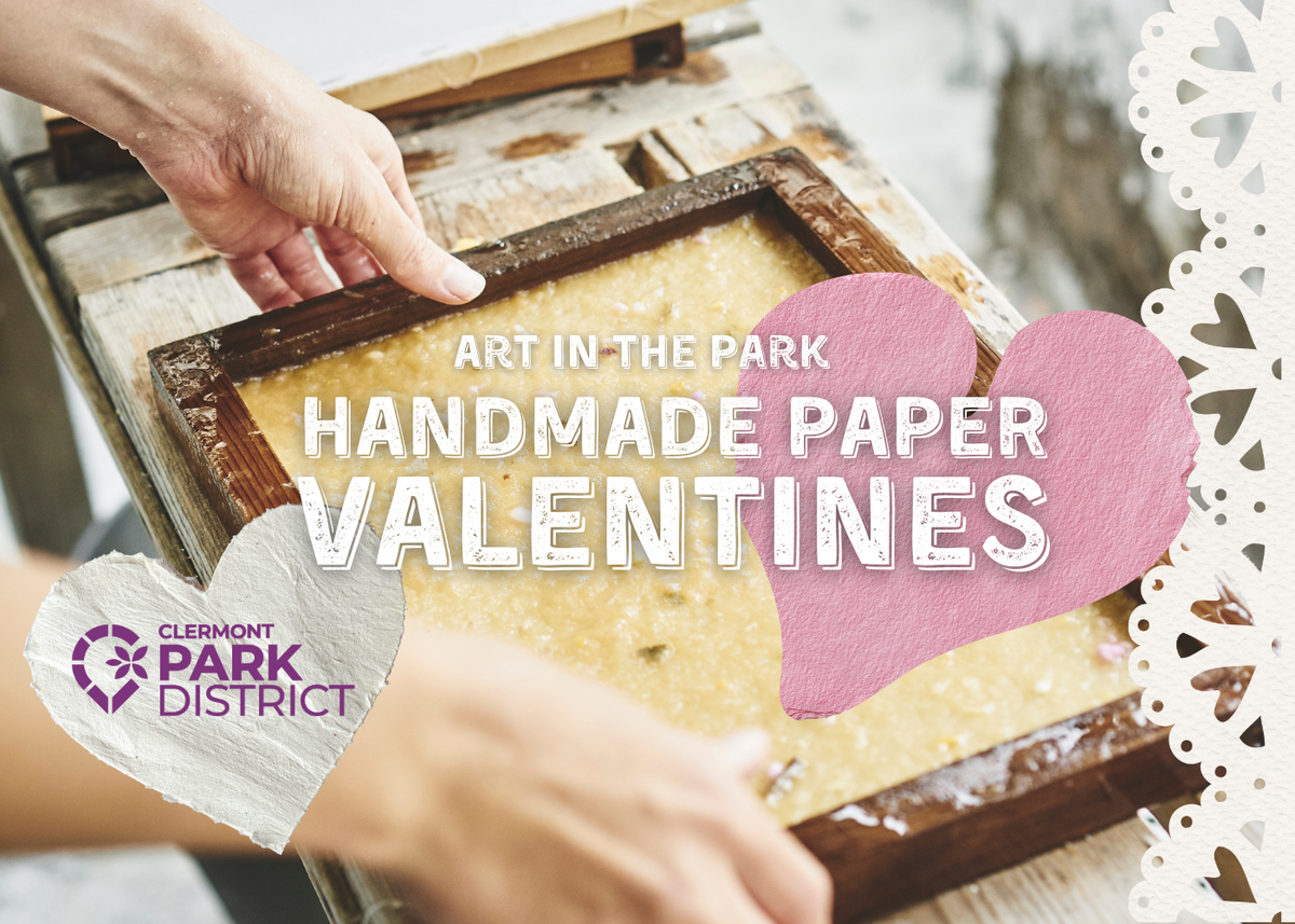 Handmade paper valentines over a closeup of someones hands making paper with a screen and paper pulp